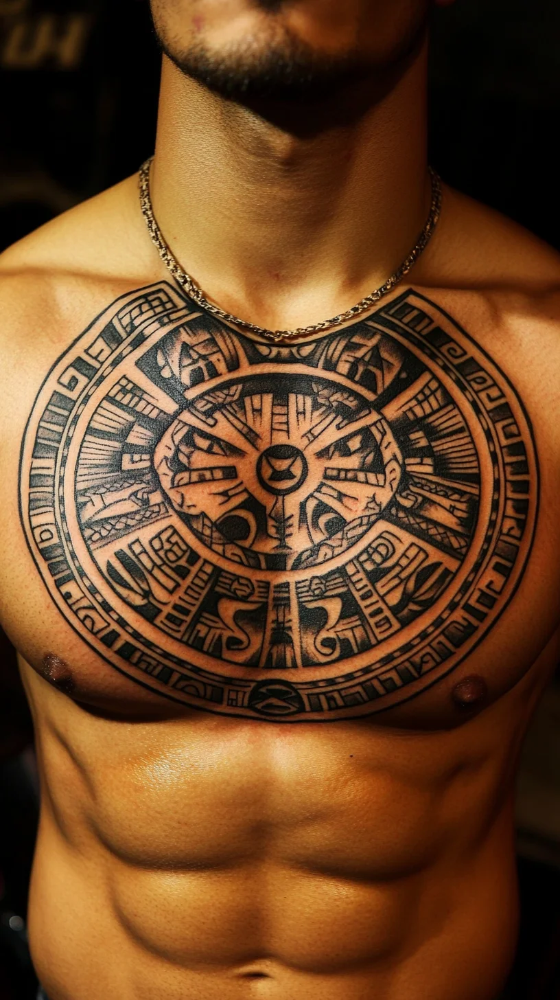 Bold Aztec-Inspired Chest Tattoo: Embrace Ancient Symbolism and Fierce Style