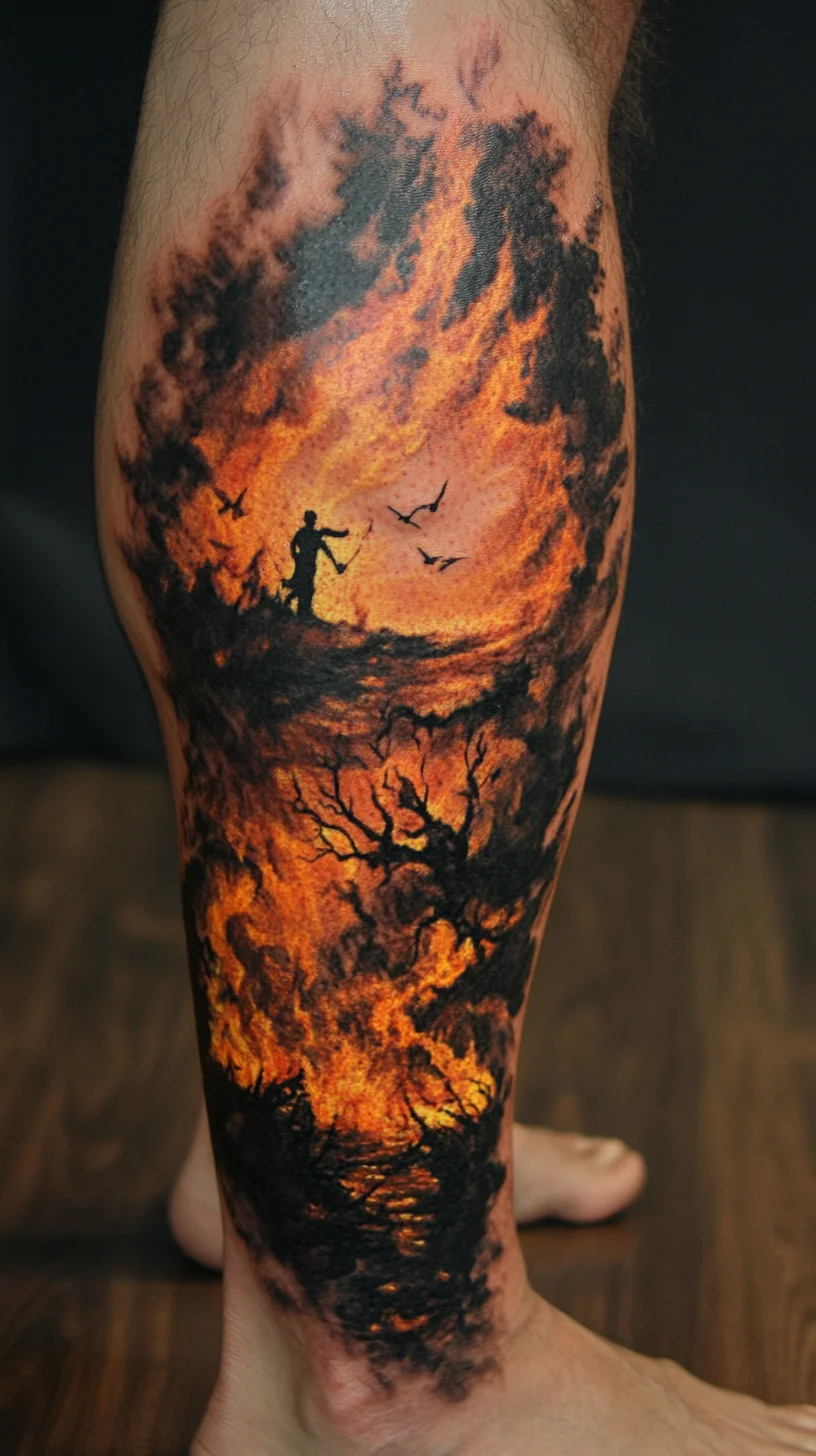 Captivating Flames: A Stunning Landscape Tattoo That Tells a Story