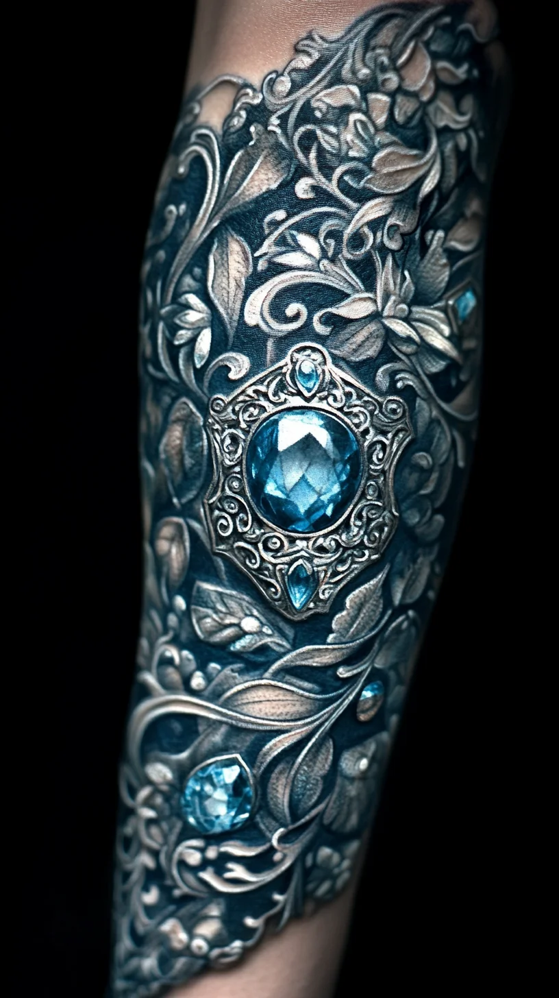 Captivating Floral Elegance: A Stunning Gem-Embedded Sleeve Tattoo