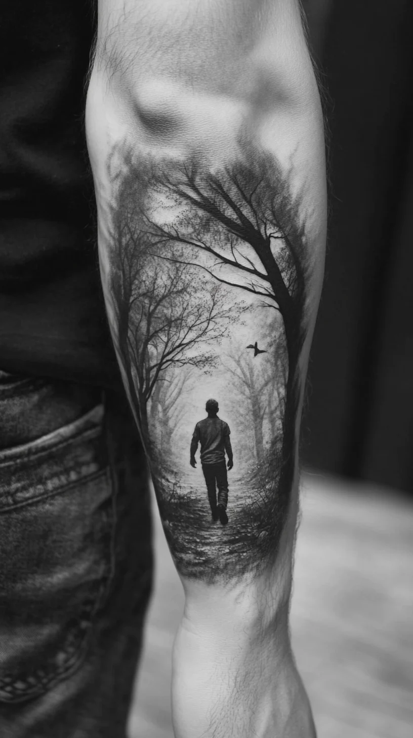 Captivating Forest Journey: A Stunning Black and Grey Forearm Tattoo