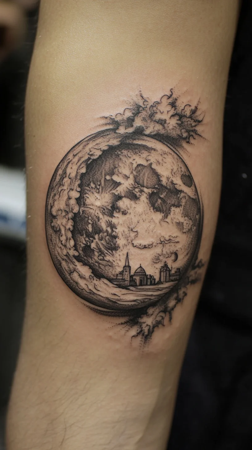 Celestial Waves: A Stunning Tattoo of the Moon and Cityscape