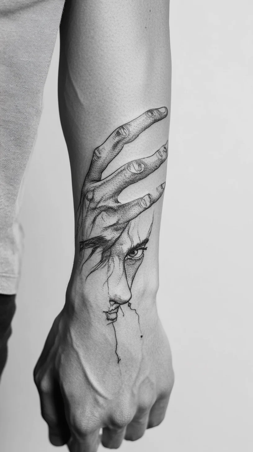 Edgy Elegance: Intricate Hand and Face Tattoo for a Striking Statement