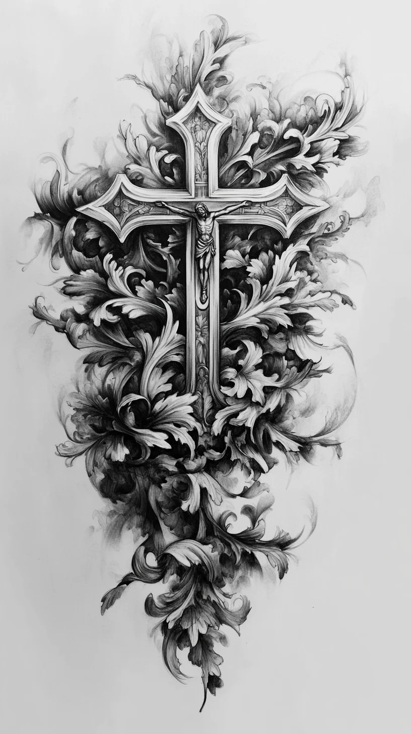 Elevate Your Ink: Intricate Cross Tattoo with Flourishing Details