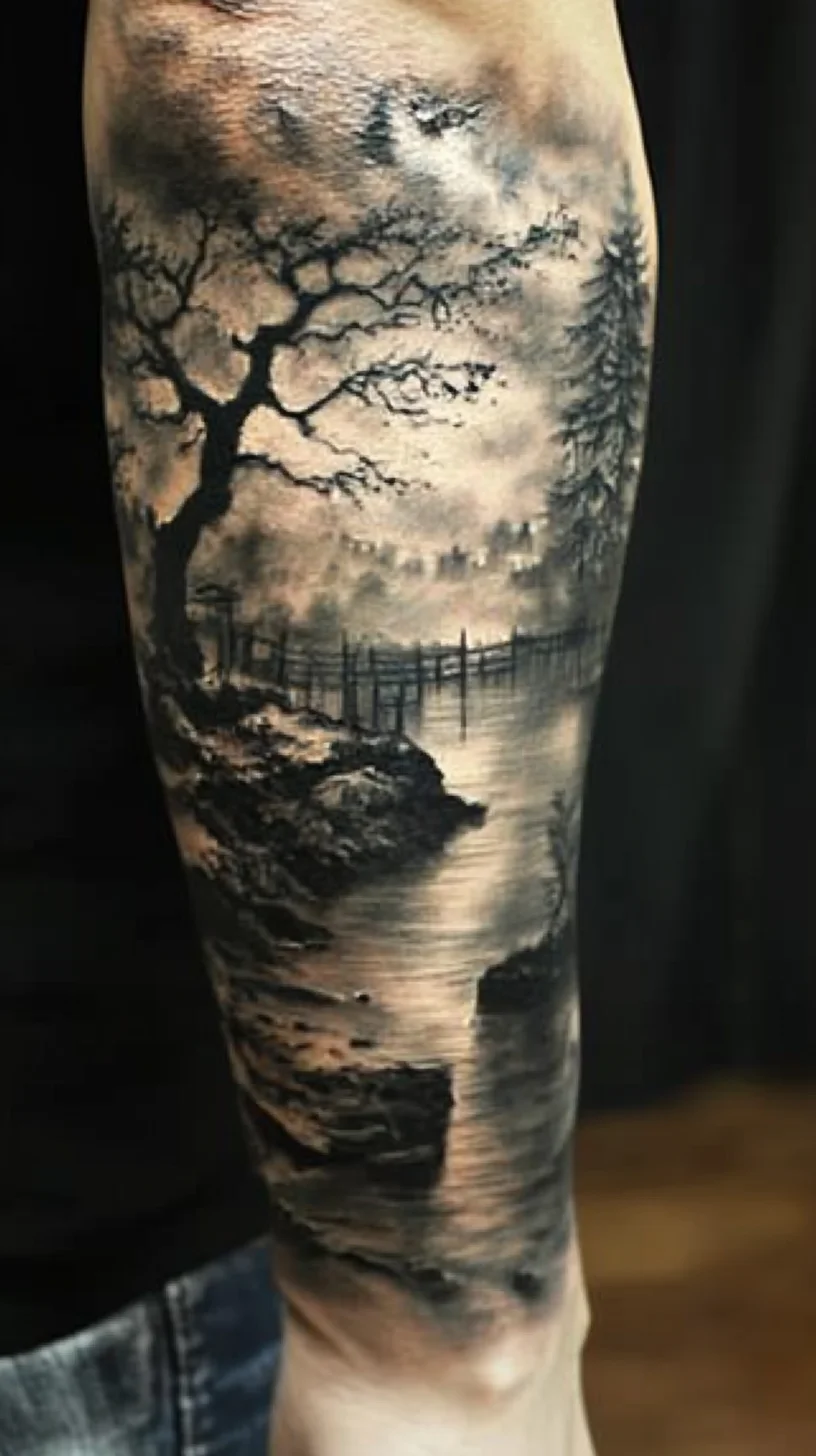 Embrace Nature: Stunning Black and Grey Landscape Sleeve Tattoo Inspiration