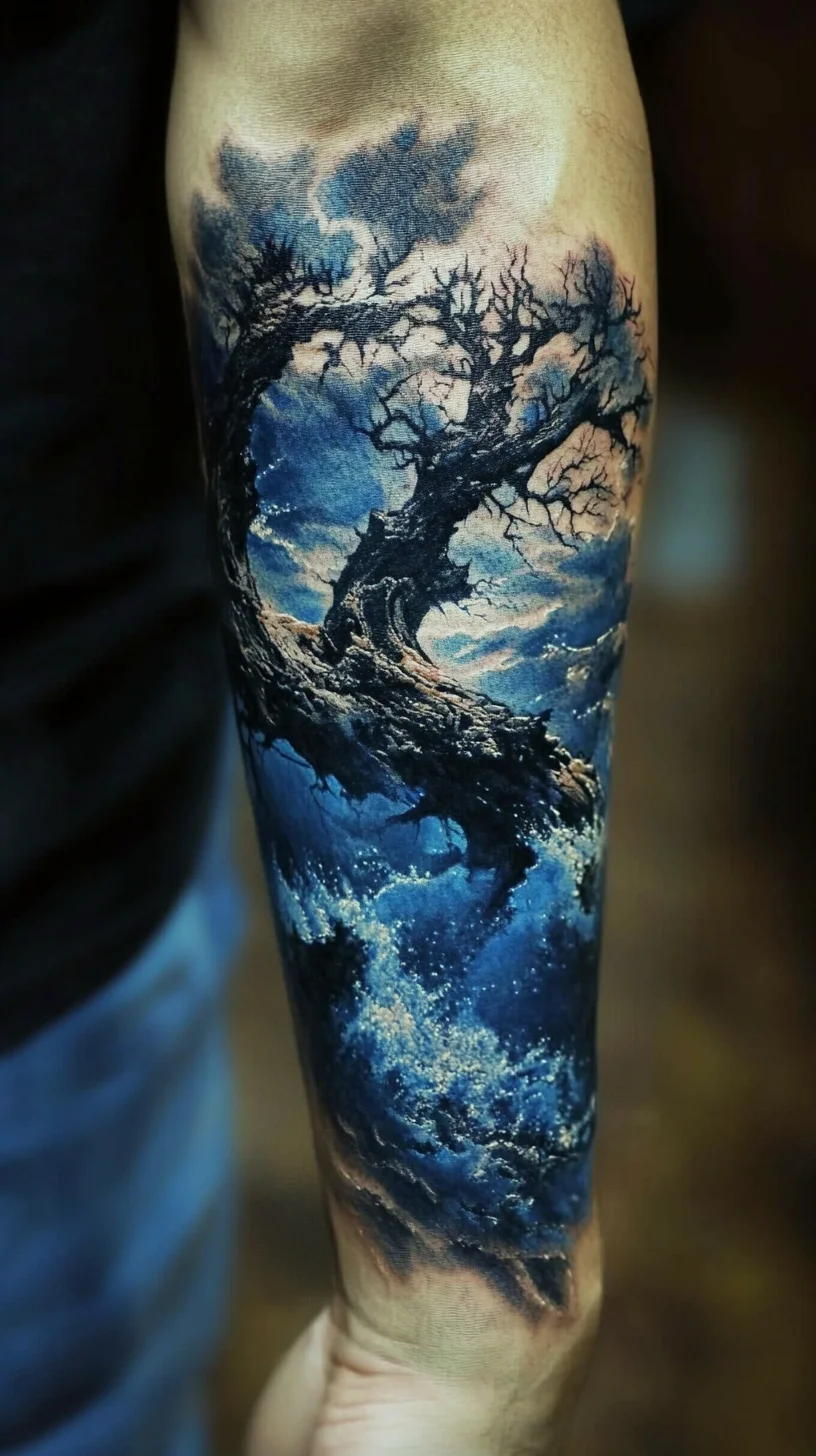 Embrace Nature's Power with This Stunning Ocean and Tree Tattoo Design