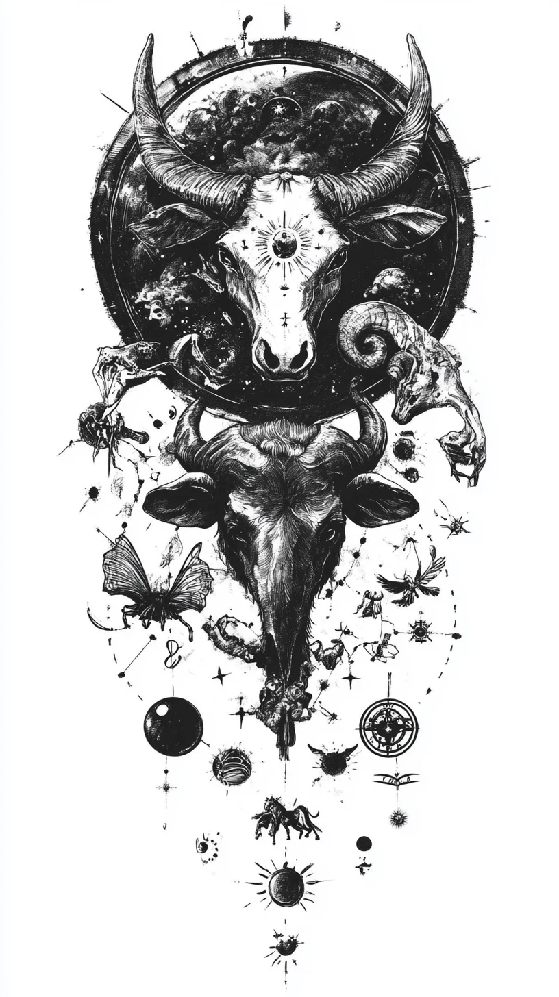 Embrace The Cosmic Wild: Bold Bull Skull Tattoo Art for the Fearless