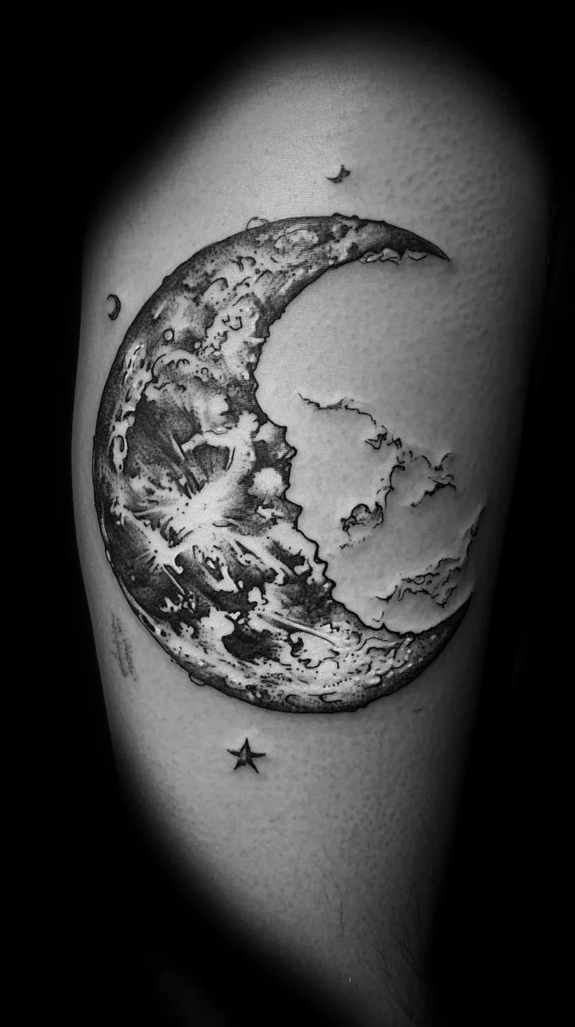 Embrace the Cosmos: Intricate Moon and Wave Tattoo for the Dreamers