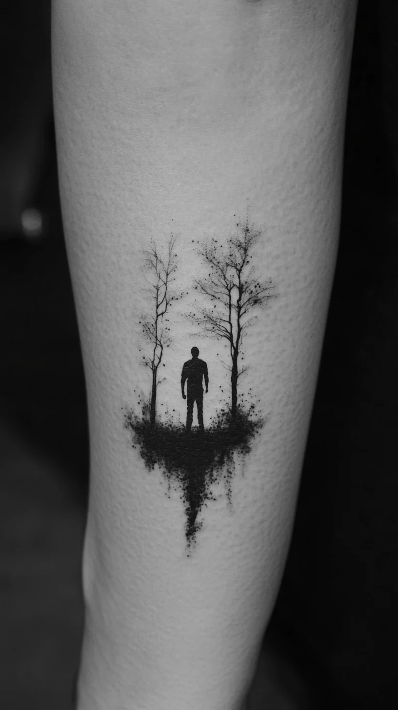 Embrace the Mystique: Silhouette Tattoo of Solitude and Nature's Embrace