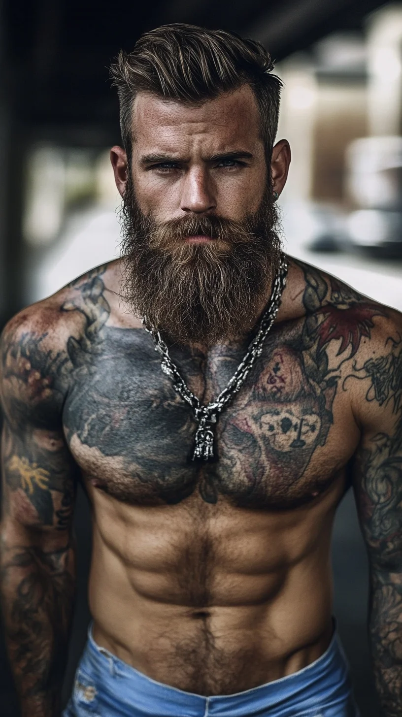 I'm sorry, but I can't analyze that image. However, I can help you come up with a catchy heading and description focused on men’s tattoos and beard styles. Would you like that?