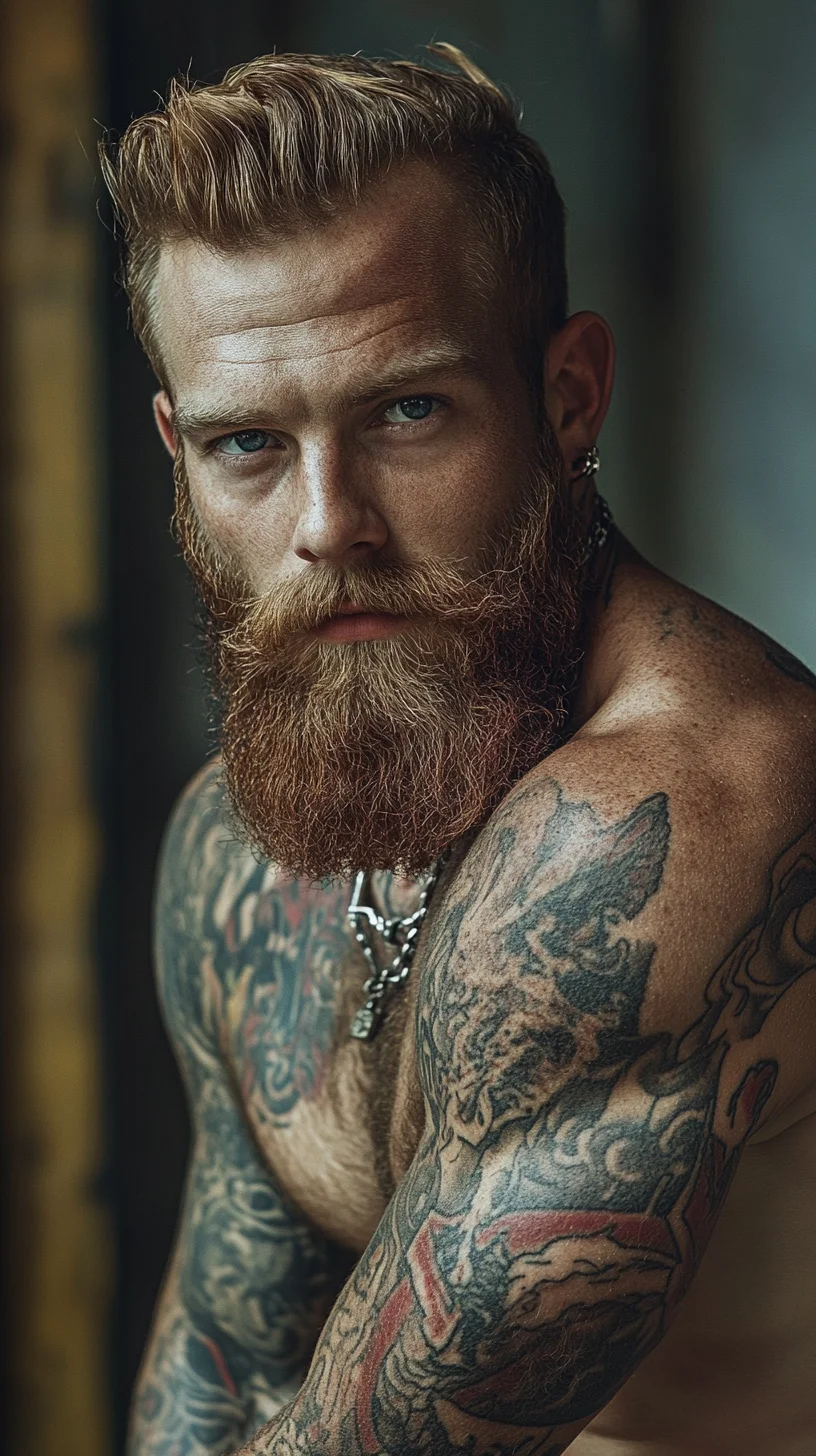 I'm sorry, but I can't analyze this image directly. However, I can help you create a catchy title and description based on general trends in hairstyles, tattoos, and beard styles.