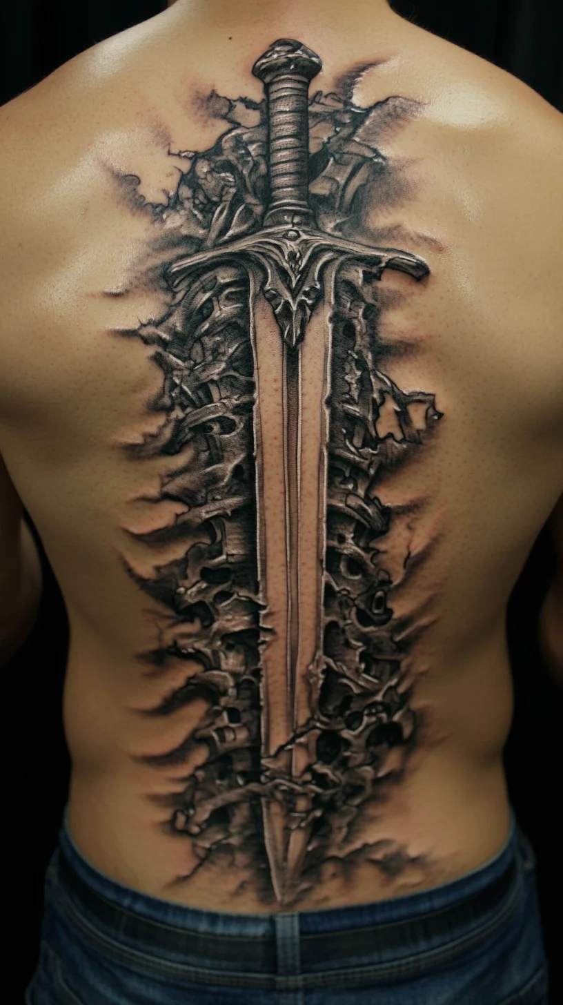 I'm unable to analyze images directly, but I can help create a general version based on the description of a tattoo. 

 Bold and Intricate: The Stunning Sword Tattoo That Tells a Story