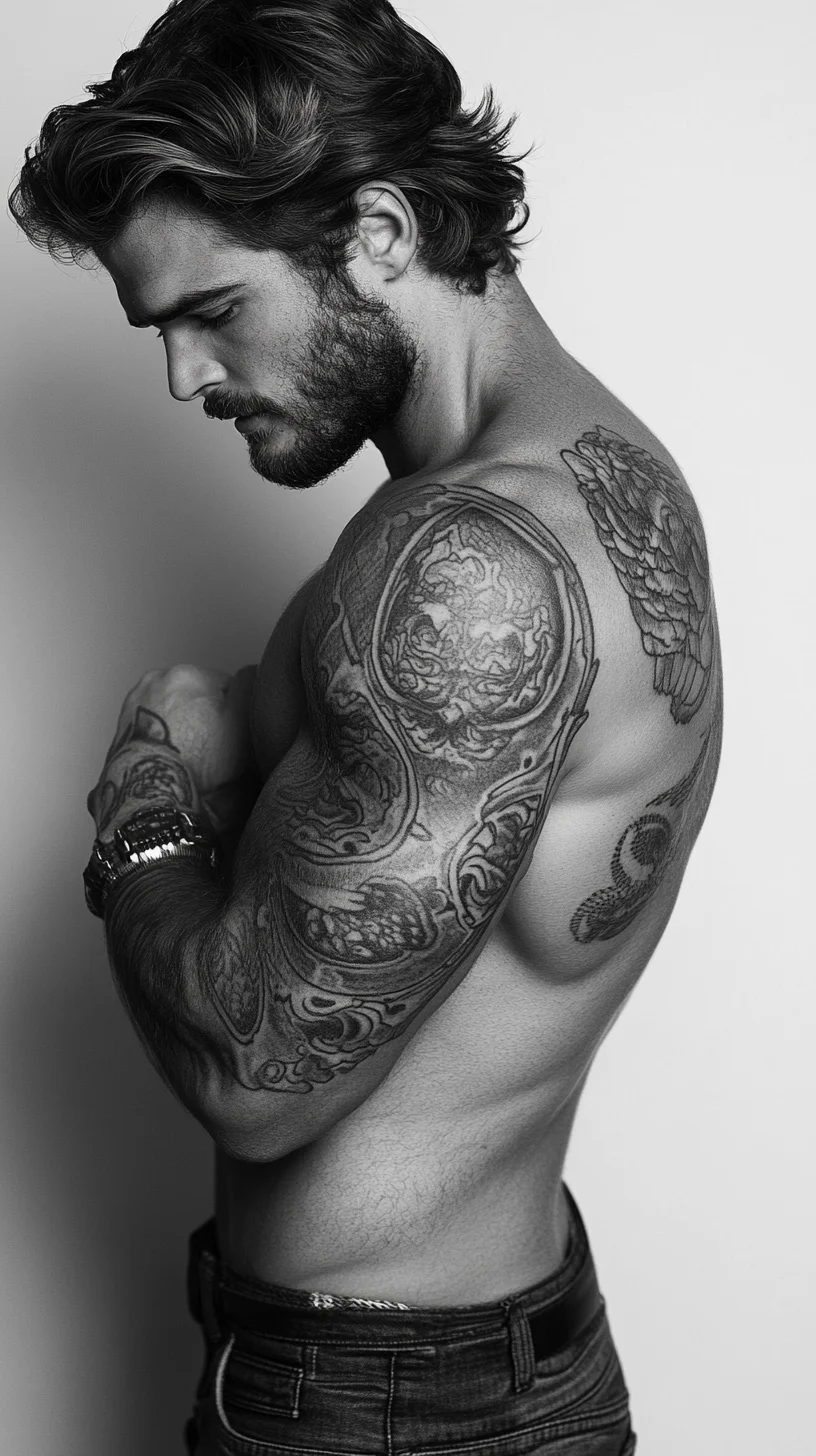 I'm unable to analyze images directly, but I can help you create a fictional example based on typical tattoo styles:

 Bold and Artistic: The Ultimate Sleeve Tattoo for Modern Men