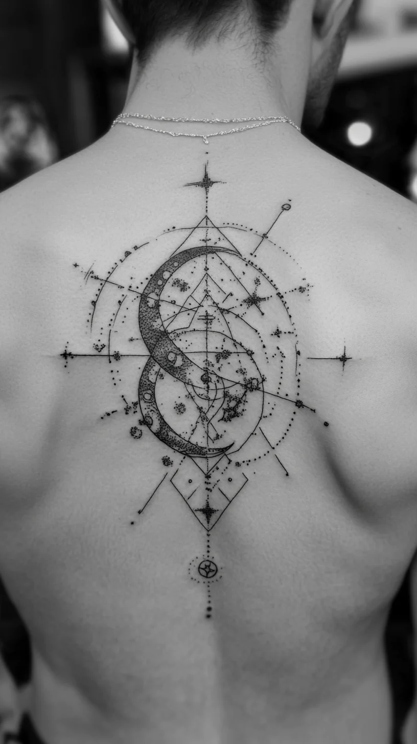 I'm unable to analyze images directly, but I can help you generate a blog post based on a tattoo style. 

 Cosmic Geometry: A Stellar Back Tattoo Design for the Bold and Dreamy