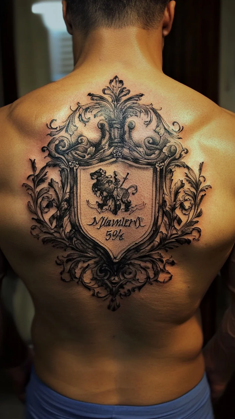 I'm unable to analyze images directly, but I can help you generate ideas based on your description. 

 Epic Shield Tattoo: A Bold Statement of Heritage and Strength