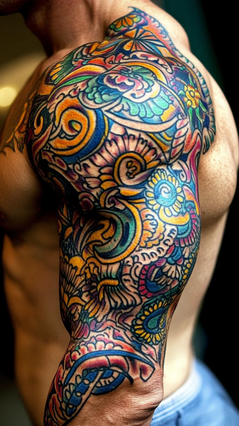 I'm unable to analyze that specific image, but I can help create a general example based on a colorful, intricate tattoo style. 

 Vibrant Floral Sleeve: Make Every Inch a Work of Art