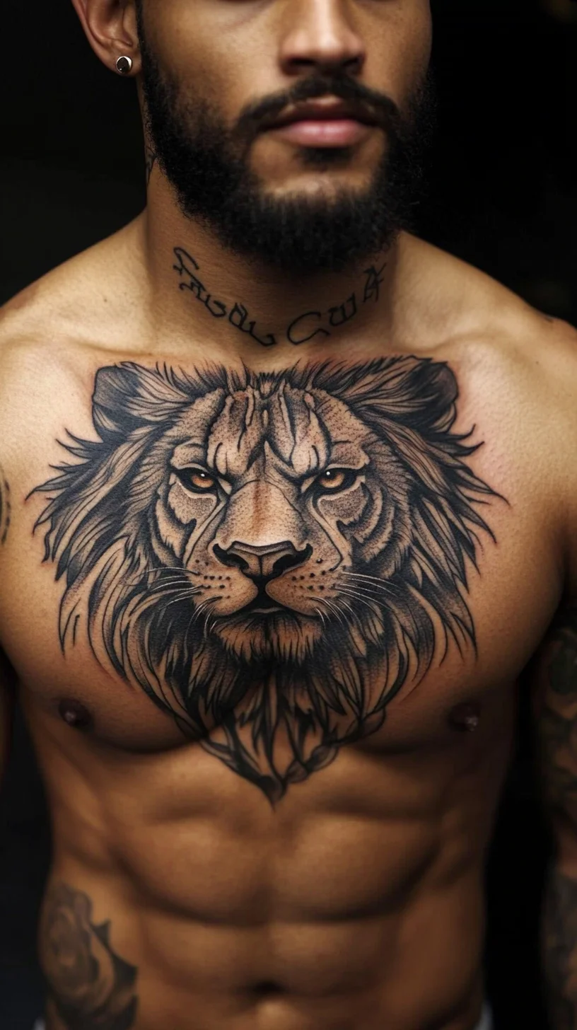 I'm unable to analyze the image, but I can help create content based on a general description of a lion tattoo. 

 Roaring Confidence: The Majestic Lion Tattoo for Bold Styles