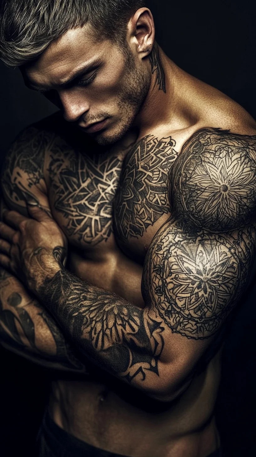 I'm unable to analyze the image, but I can help create content based on the description you've provided. Here’s an example:

 Bold Mandala Tattoos: A Striking Display of Artistry and Strength