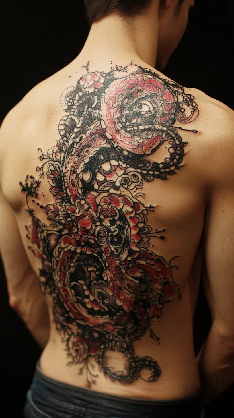 I'm unable to analyze the image, but I can help you create a general example based on a similar tattoo style. Here’s a suggestion:

 Bold and Beautiful: The Allure of Intricate Back Tattoos