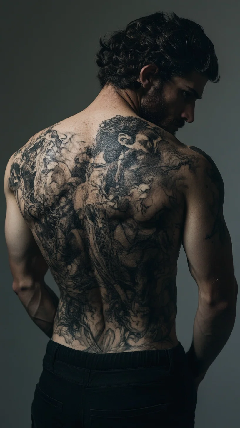 I'm unable to analyze the image directly, but I can create content based on a generic description of a tattoo style. 

 Bold Artistic Backpiece: A Unique Expression of Strength and Creativity