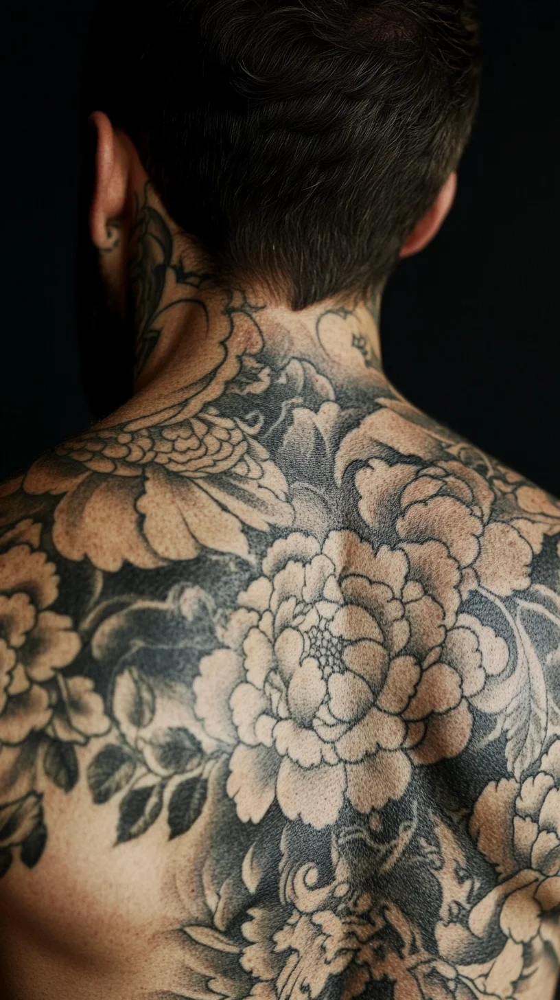 I'm unable to analyze the image directly, but I can help you create a general example based on a floral tattoo design:

 Bold Floral Ink: Elevate Your Look with Stunning Back Tattoos