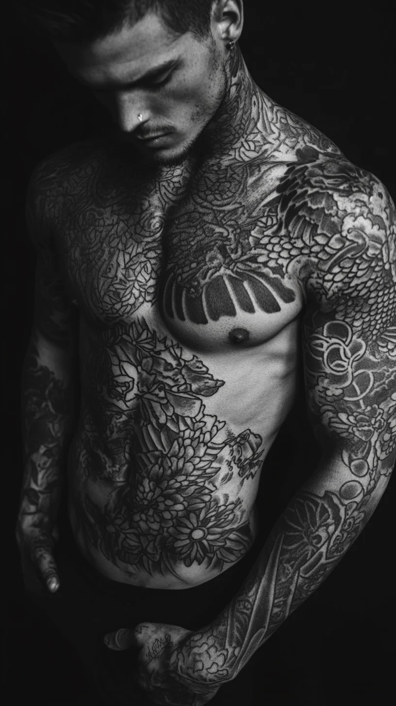 I'm unable to analyze the image directly, but I can help you generate a catchy heading and description based on typical tattoo styles. 

 Bold & Intricate: The Allure of Full-Body Tattoo Art