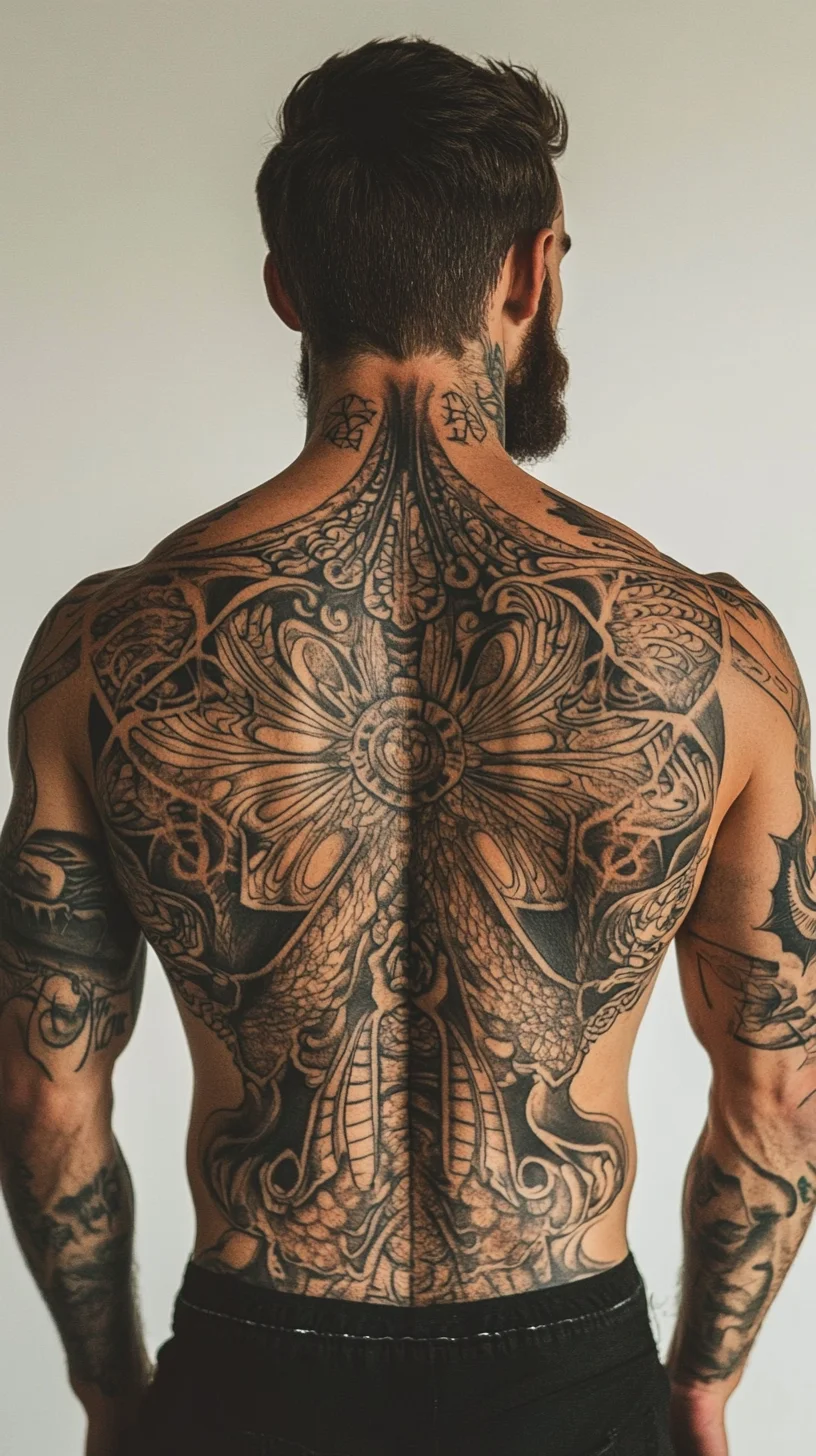 I'm unable to analyze the image directly. However, I can help you create content based on a typical tattoo style. 

 Embrace the Bold: Stunning Floral-Themed Back Tattoo