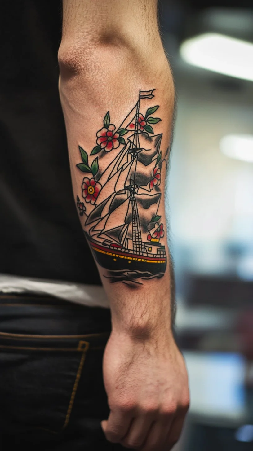 Navigate Your Style with This Stunning Sailboat and Floral Tattoo Design