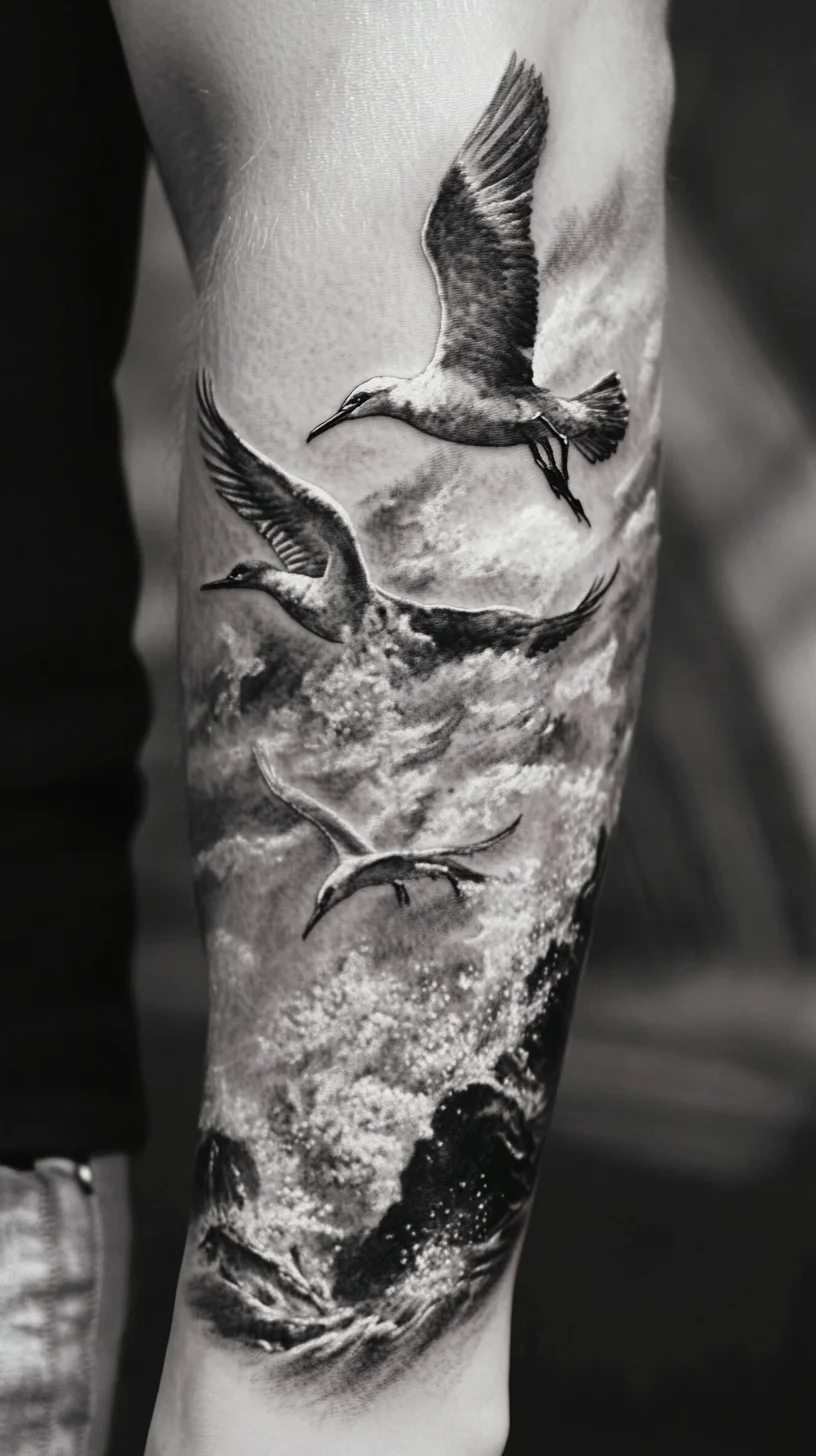 Soaring Elegance: A Stunning Black and Grey Bird-Inspired Tattoo