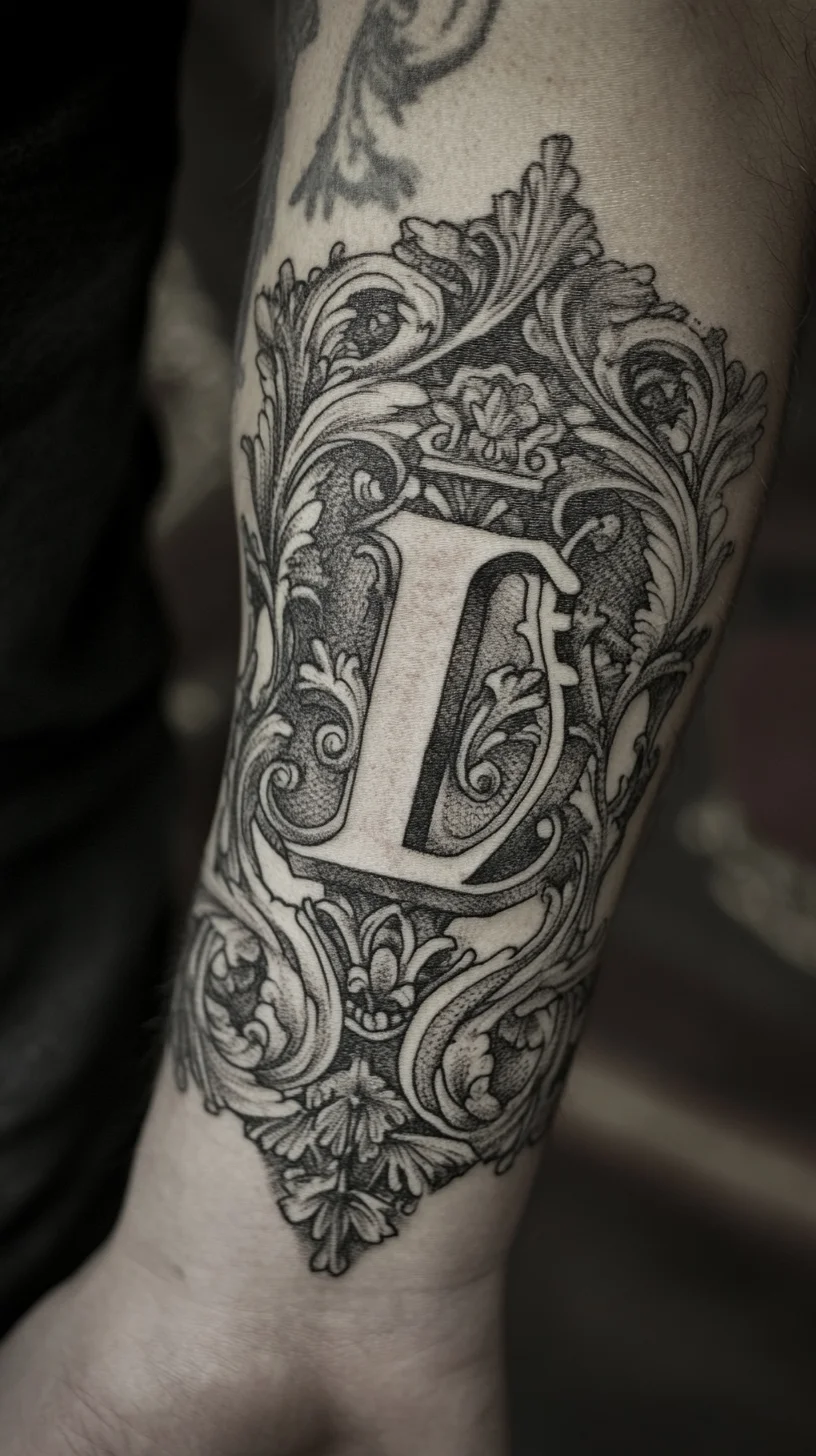 Timeless Elegance: Intricate Baroque-Inspired Letter D Tattoo