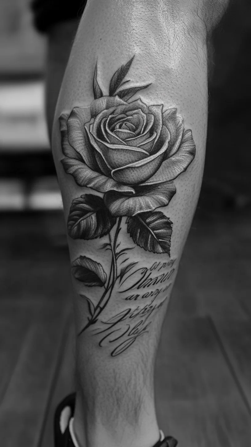 Timeless Elegance: Stunning Black Rose Tattoo with Intricate Script