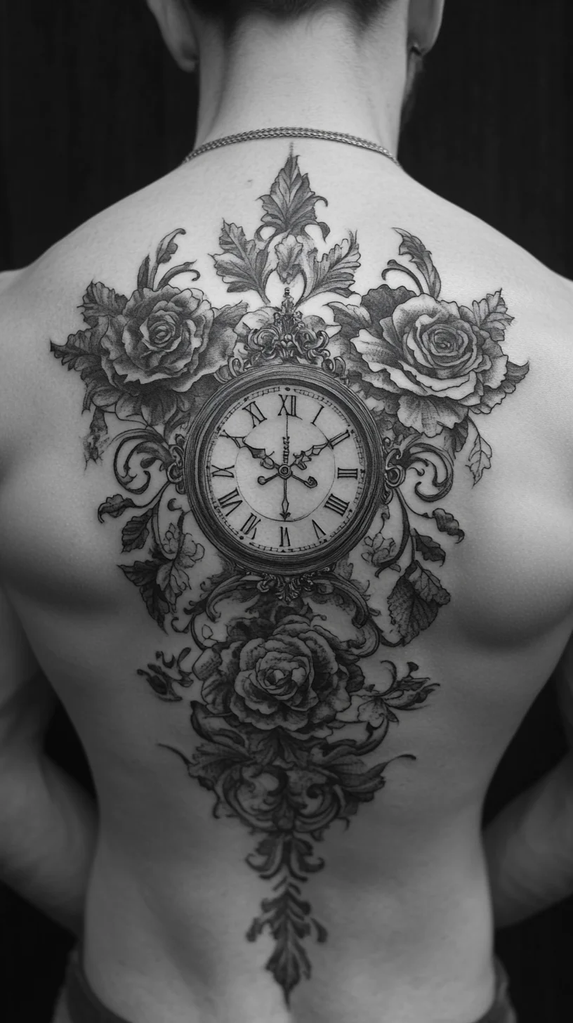 Timeless Elegance: The Intricate Clock and Floral Back Tattoo Design