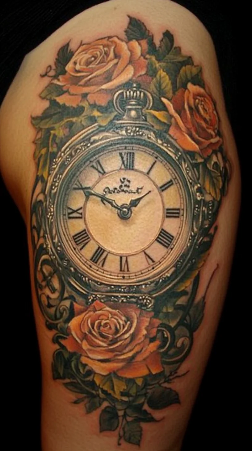 Timeless Elegance: Vintage Clock Tattoo Surrounded by Roses