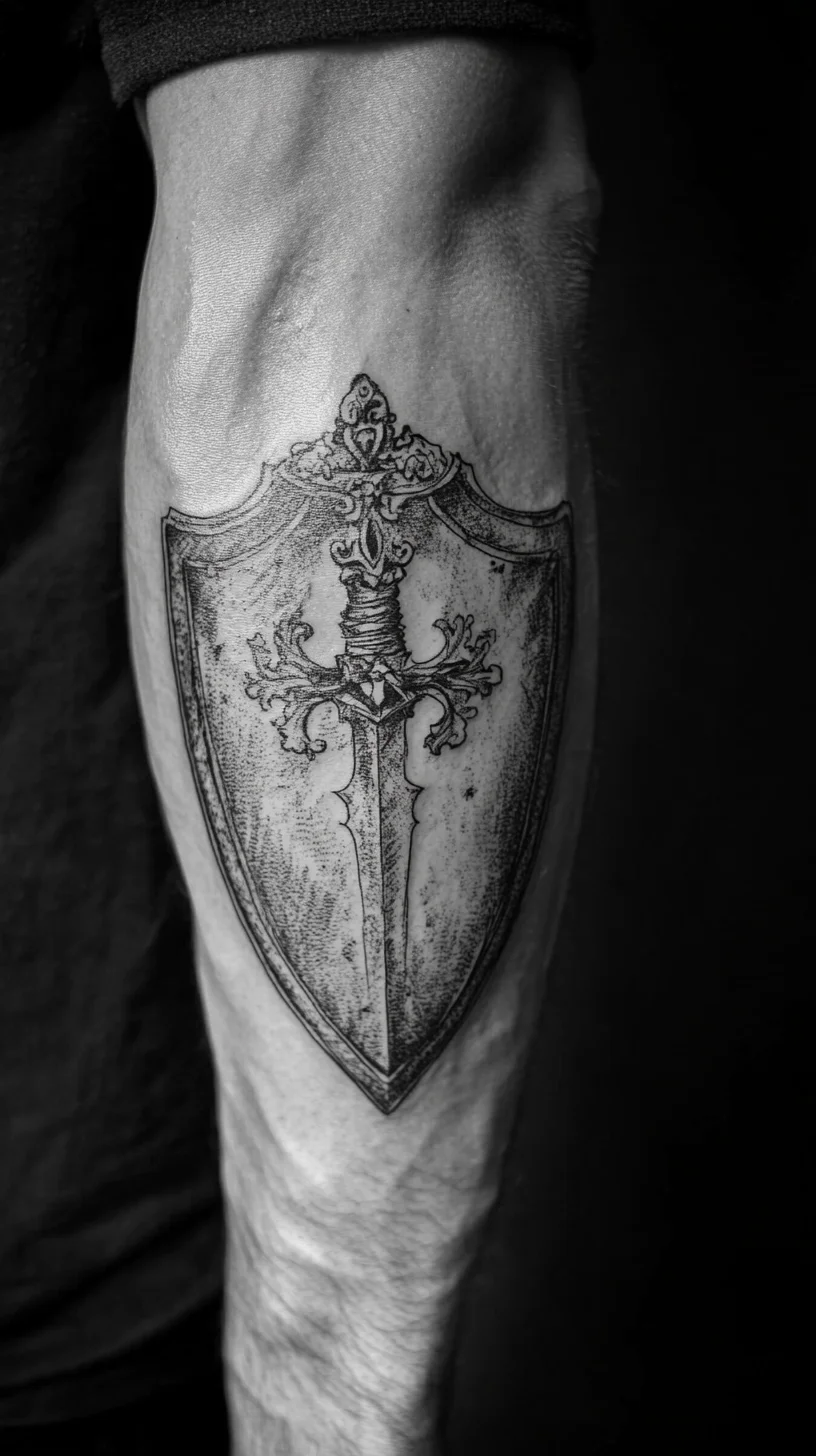 Timeless Valor: Elevate Your Ink Game with a Stunning Shield and Sword Tattoo