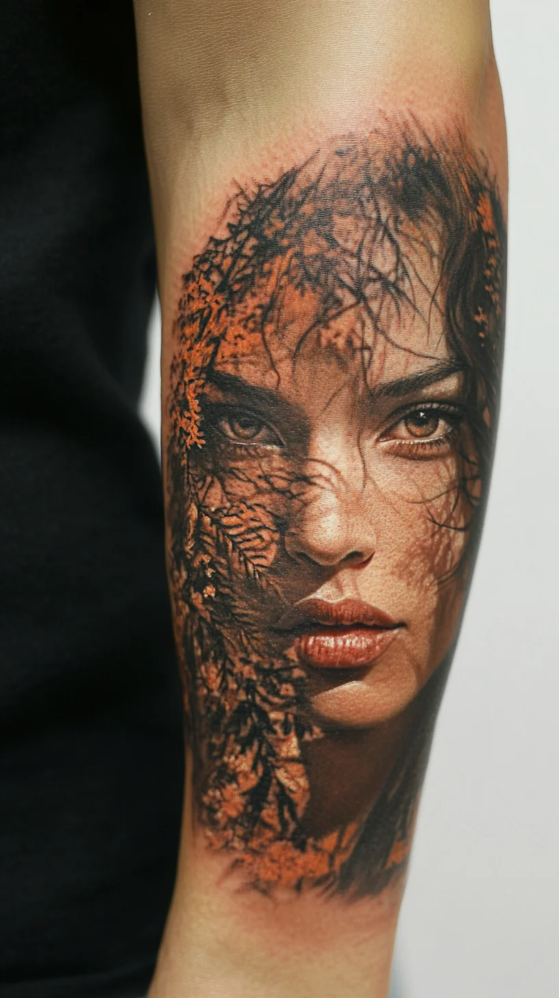 Unveiling Nature’s Beauty: Stunning Portrait Tattoo Merging Skin and Landscape